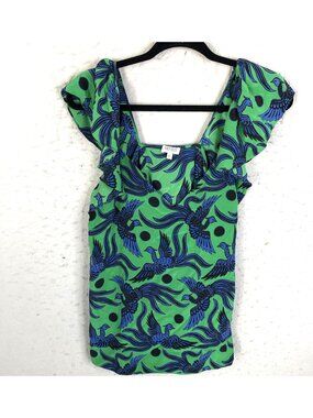 Kenzo Paris Top Womens 8 US 40 EU Green Blue Flying Phoenix Silk Art To Wear